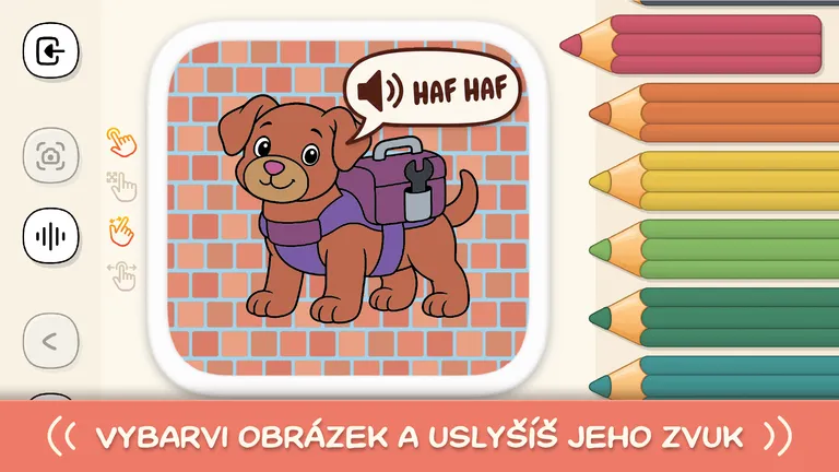 Vybarvený pejsek se zvukem Haf haf v aplikaci Hravé omalovánky, Elementer