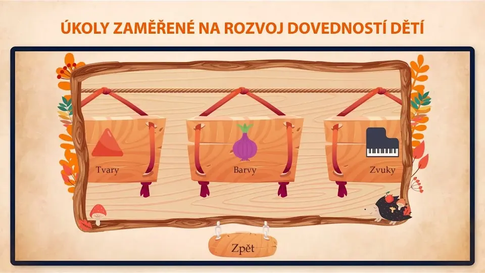 Výběr úkolů na tvary, barvy a zvuky v aplikaci Školička – Elementer