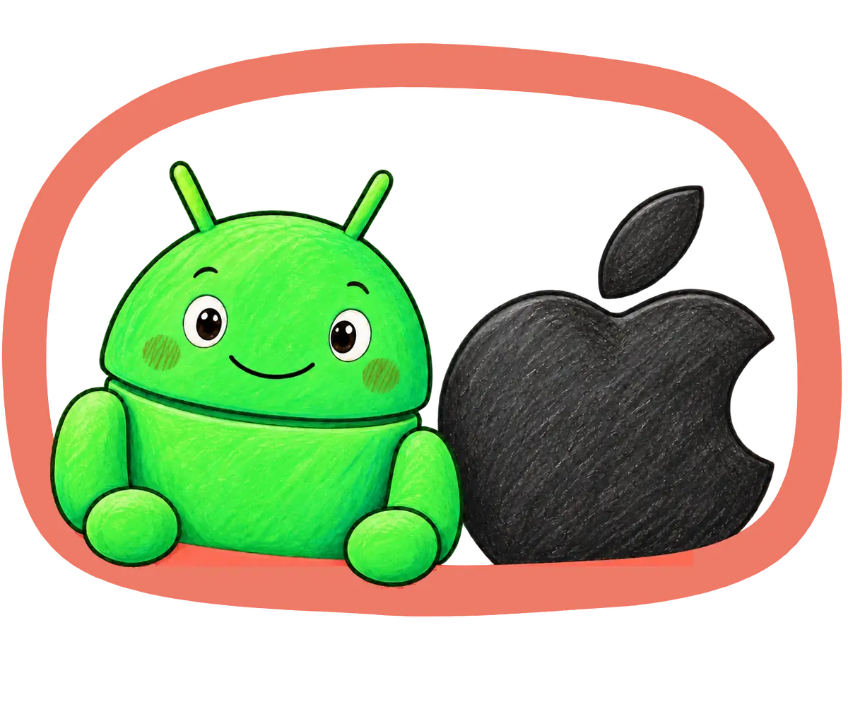 Znaky Androidu a Apple v oranžovém rámečku – Elementer