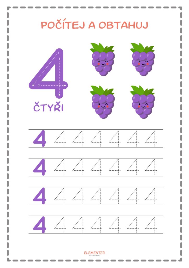 Náhled pracovního listu Obtahování číslic a počítání – Počítání a obtahování, Číslice 4 – Elementer