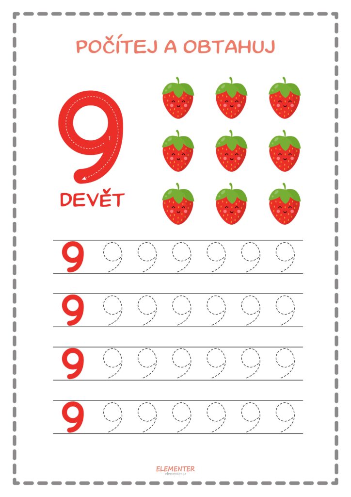 Náhled pracovního listu Obtahování číslic a počítání – Počítání a obtahování, Číslice 9 – Elementer